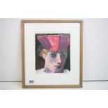 Elaine Nason 20th Century Monoprint, portrait of male carnival figure signed and titled "Party Hat",