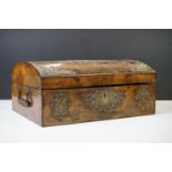 19th Century burr walnut twin-handled box with domed lid opening to a lined interior, with applied