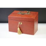 Edwardian leather stationery box, the lid opening to a fitted interior, with brass carry handle &