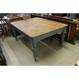 19th century Pine Farmhouse Table raised on turned legs, 62” long x 46” wide