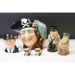 Six Royal Doulton character jugs, to include: 'Long John Silver', D.6335, Winston Churchill, Mr