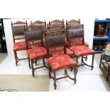 Set of Eight Victorian style Dining Chairs, the carved backs with embossed leather panels and