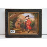 Oil on board scene with apes, one dressed in a tunic and hat, 17.5 x 24cm, framed