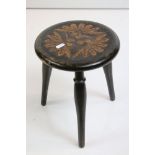 19th century Pokerwork Three Legged Stool with leaf decoration, 24cm wide x 29cm high