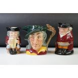 Three Royal Doulton character jugs, comprising: 'The Huntsman', 19cm high, 'Pied Piper' D 6403, 17cm