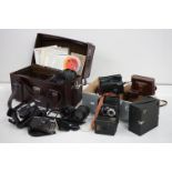 Collection of cameras, lenses & accessories to include Kodak No. 2 Brownie, Olympus AZ-1 Zoom,