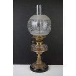 Late 19th / early 20th century brass oil lamp with clear & frosted glass shade, faceted clear