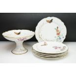 Continental porcelain part dessert service, printed with flowers, foliage and butterflies