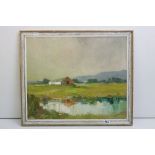 Mid 20th century Oil on Board titled ‘ Building in Landscape ‘ signed Stanley J Banner, 50cm x 60cm,