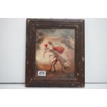 An unusual framed oil painting depicting a mosquito figure carrying a bottle of red liquid, 24 x