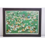 Framed and glazed vintage Chinese social history poster depicting women feeding chickens, titled "