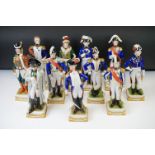 Eleven Sitzendorf porcelain figures of French military, comprising; Napoleon, La Fayette, Lannes,