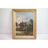 19th Century oil on canvas - A sunset scene of buildings by a river with figure overlooking the