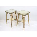 Pair of Early to Mid century Loom Square Side Tables with fitted glass tops, one with paper label to