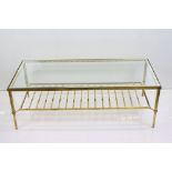 Mid century Gilt Brass Coffee Table with clear glass top and slatted shelf below, 123cm long x