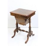 Victorian Walnut Inlaid Sewing or Work Table, the hinged lid opening to a fabric lined fitted