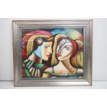 Studio framed modernist oil painting portrait of masquerade figures, measure approx 49cm x 39cm