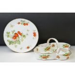 Bone China strawberry serving dish, decorated with strawberries with integral handle and matching