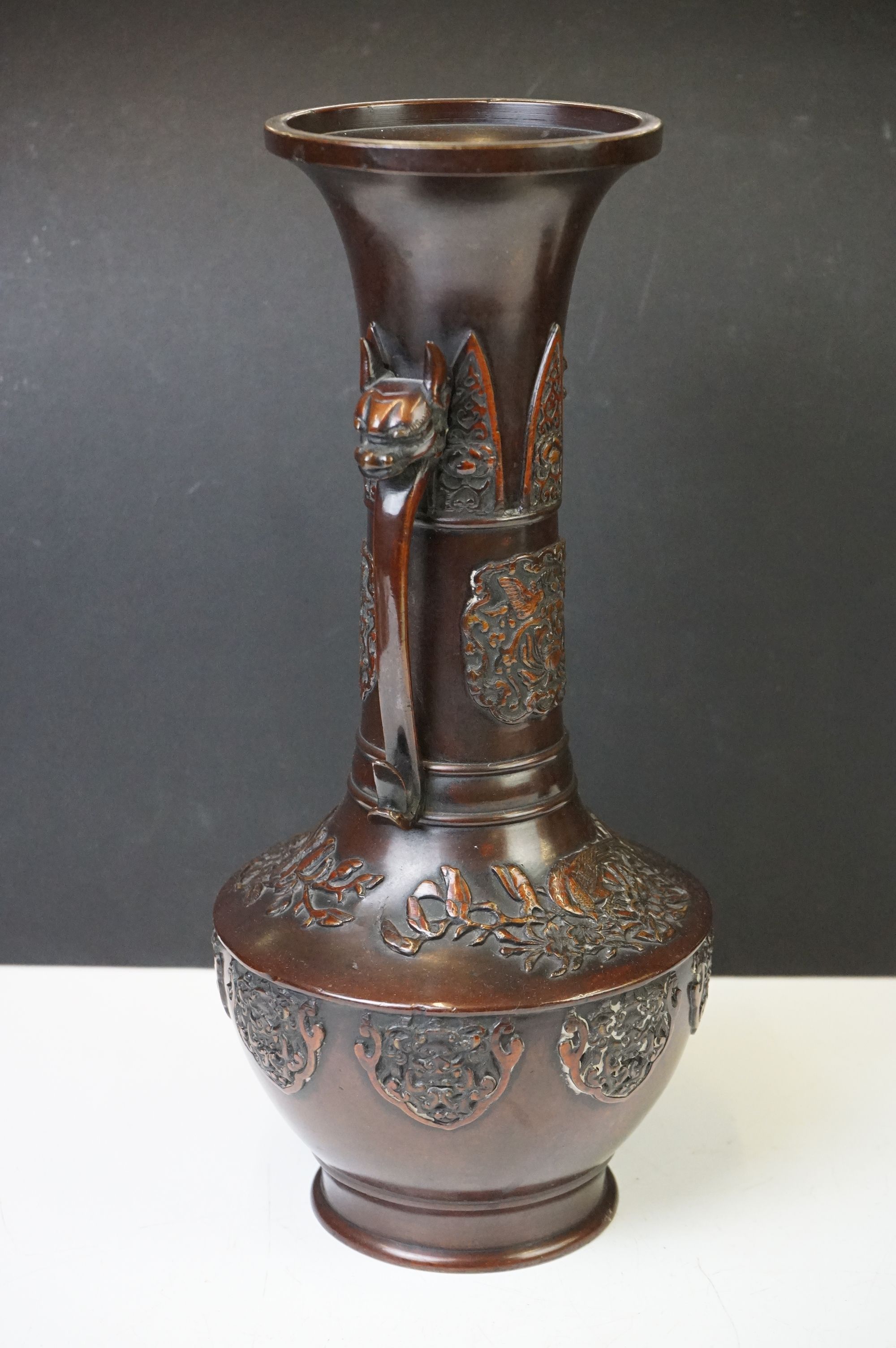 Near pair of Japanese bronze twin-handled bottle vases, with relief ornithological decoration and - Image 3 of 14
