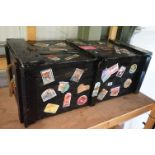 Black Painted Wooden Trunk / Box with applied replica travel stickers, 95cm long x 37cm high
