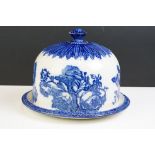 Victorian Staffordshire Ironstone 'Blue Fade Rose' cheese dome & stand, with moulded & transfer