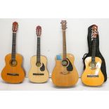 A collection of four six string acoustic guitars to include a Yamaha example, one in a soft case