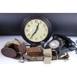 A box of mixed collectables to include a Bakelite Smiths wall clock, opera glasses, cut throat
