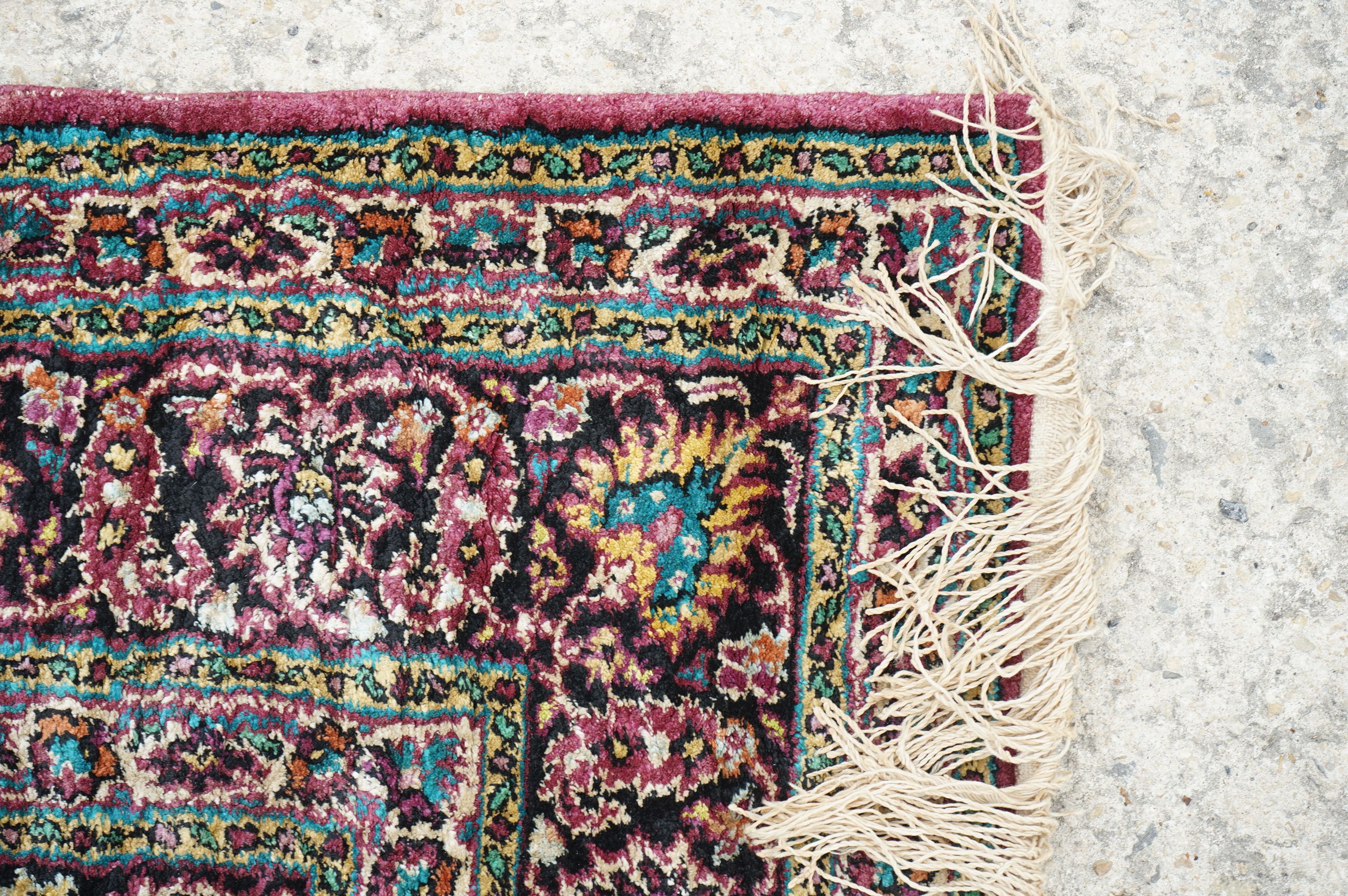 Indian Silk Kashmir Rug decorated with a central cartouche and a dense floral pattern within a - Image 5 of 8