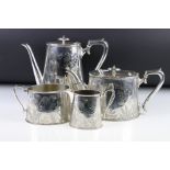 An antique silver plated tea set to include teapot, water jug, cream jug and sugar bowl, all with