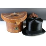 Herbert Johnson, New Bond Street, black moleskin top hat, in leather case with carrying handle and