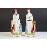 Pair of Staffordshire pottery flatback cricketers, modelled as a batsman and bowler, approx 25cm