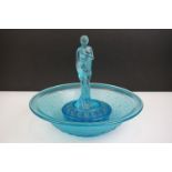 Art Deco blue pressed glass flower frog with central figure of a semi-nude female (approx 24cm