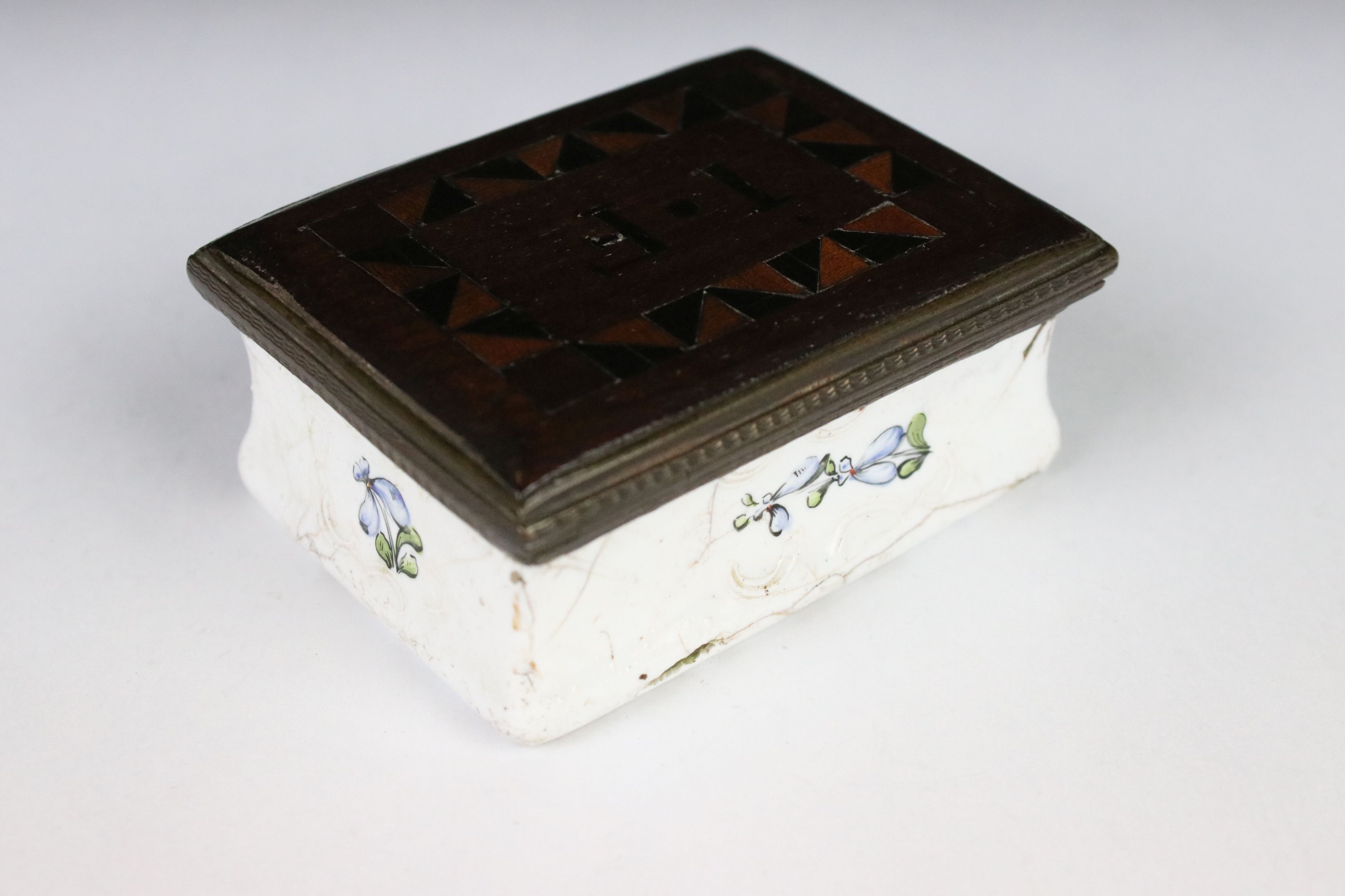 An antique enamel trinket box with floral decoration an decoratively inlaid wooden lid, initialed - Image 3 of 5