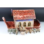 Painted wooden Noah's Ark with ten carved animals and Noah (ark measures approx 52cm long)