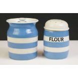 TG Green Blue & White Cornish Ware flour sifter (12cm high) and storage jar & cover
