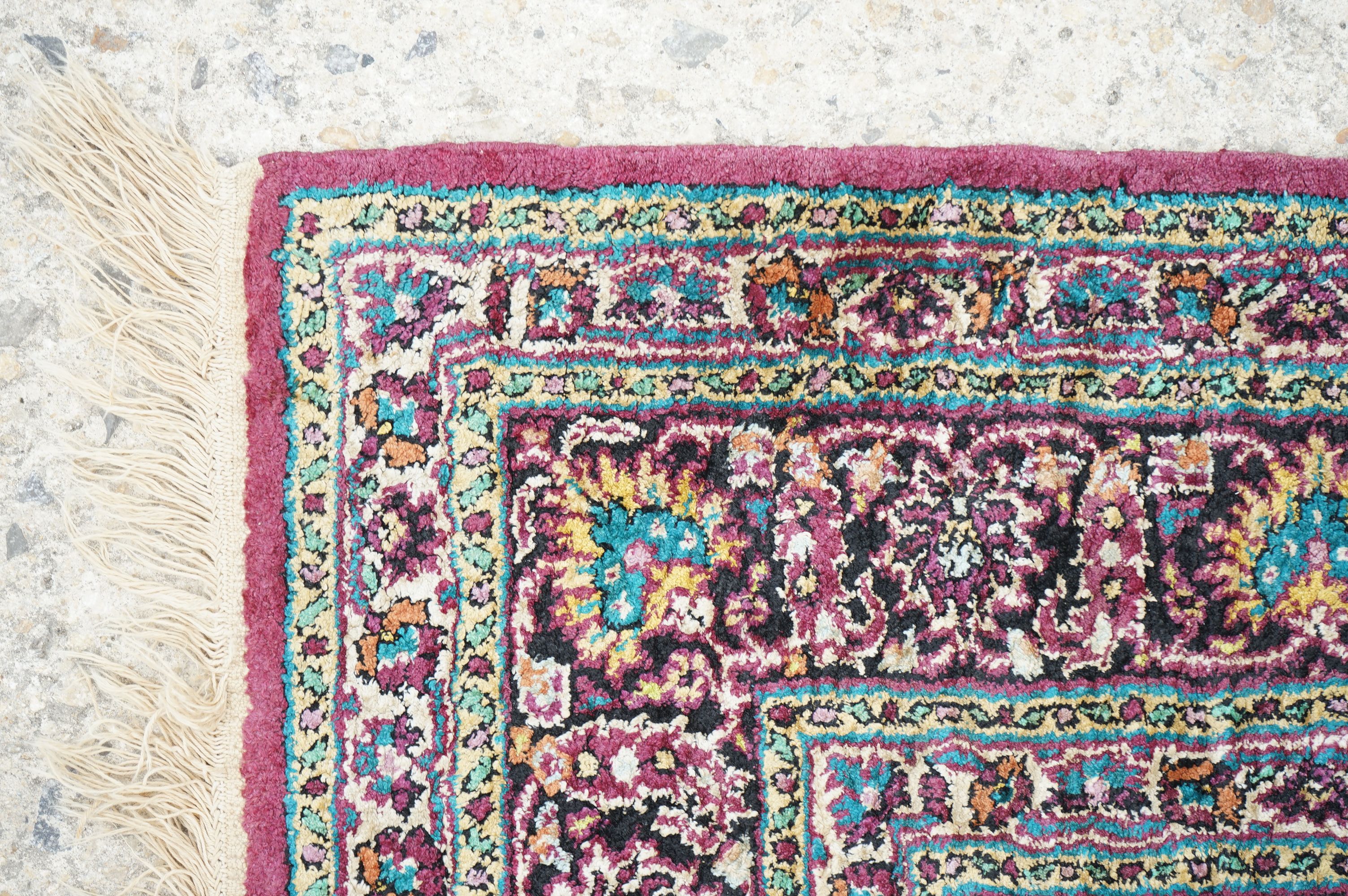 Indian Silk Kashmir Rug decorated with a central cartouche and a dense floral pattern within a - Image 4 of 8