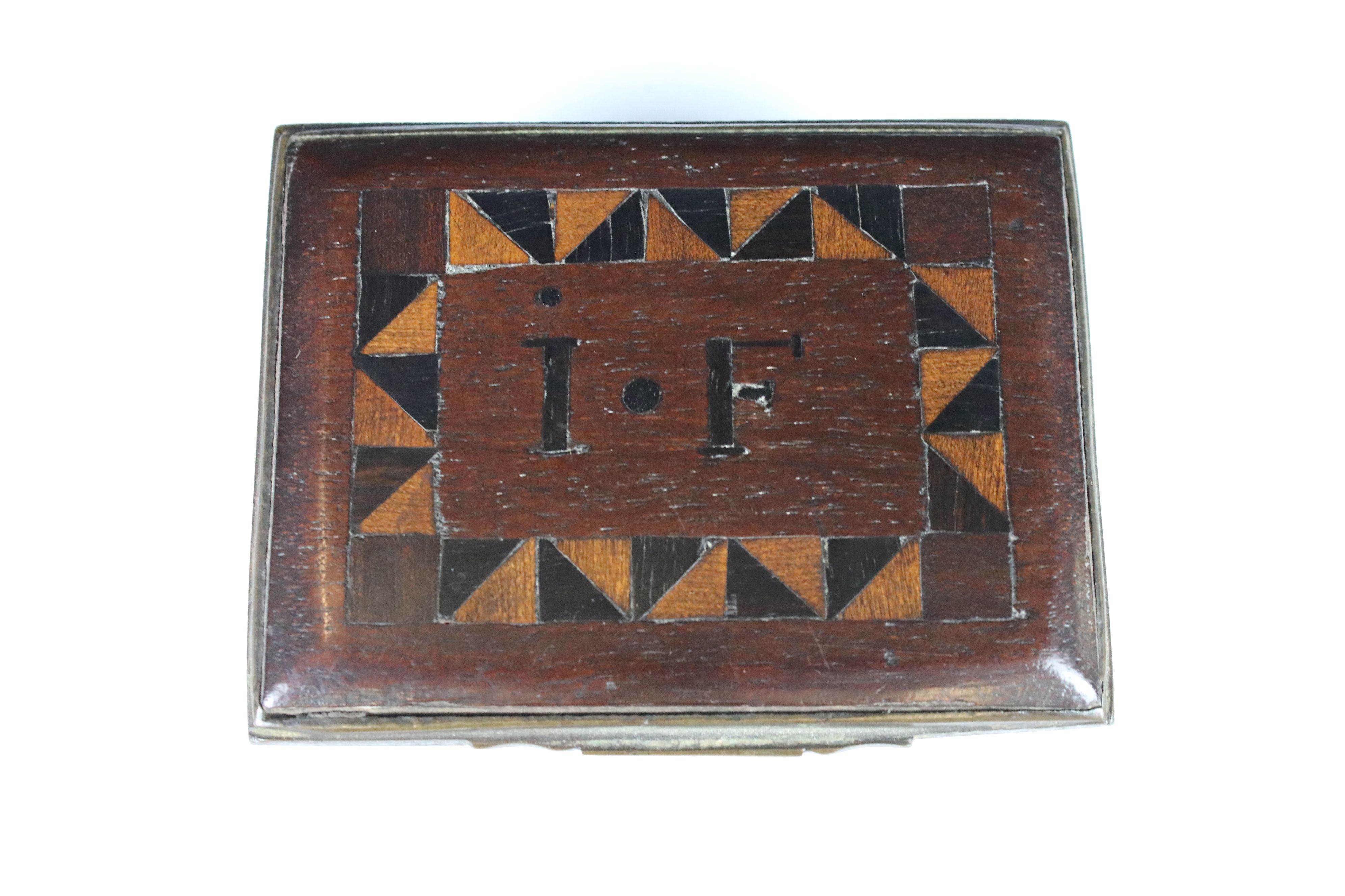 An antique enamel trinket box with floral decoration an decoratively inlaid wooden lid, initialed - Image 4 of 5