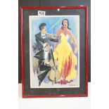 A signed 1957 modernist watercolor of a musical theme with lady singer and two string musicians,