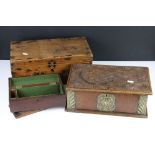 Three wooden boxes, to include: an oak box with carved lid and fitted with embossed brass panels and