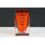 Whitefriars Tangerine glass vase in "Greek Key" pattern, stands approx 11cm