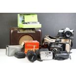 Bush bakelite radio, a View-Master and a View-Master album for 3+D discs and a quantity of cameras