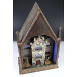Early-to-mid 20th century scratch built wooden diorama with inset tile fragments and shell