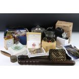 A box of mixed collectables to include costume jewellery, cigar cutter, cigarette cards, silver