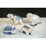 Four Royal Crown Derby paperweights to include Polar Bear, Polar Bear Cub Standing, Snowy Owl (