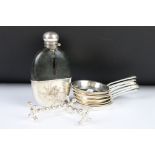 A pair of silver plated knife rests together with a set of six Mappin & Webb condiment pans and a