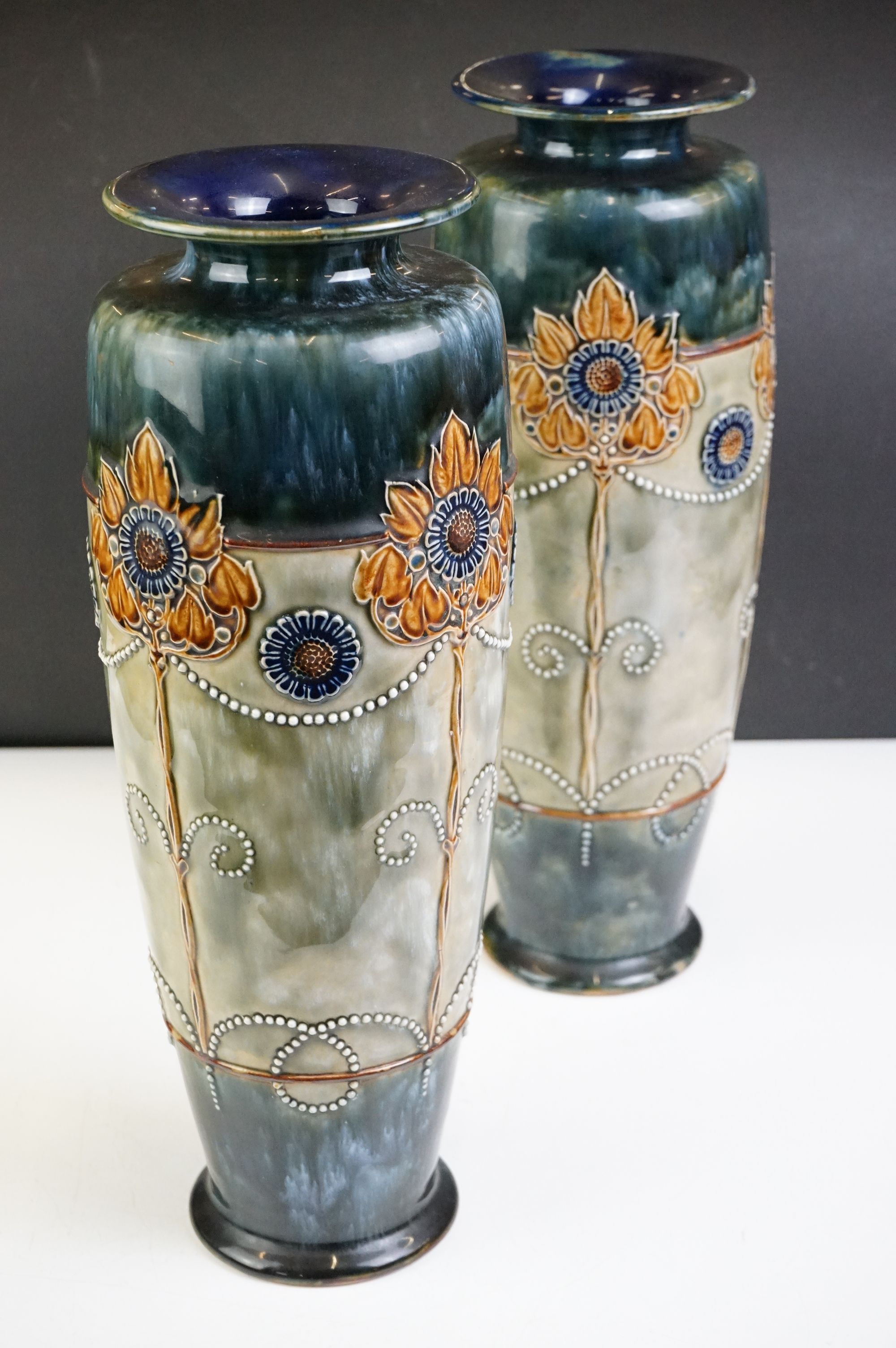 Pair of Royal Doulton Art Nouveau vases of tapering form, relief decorated with stylised flowers, - Image 5 of 8