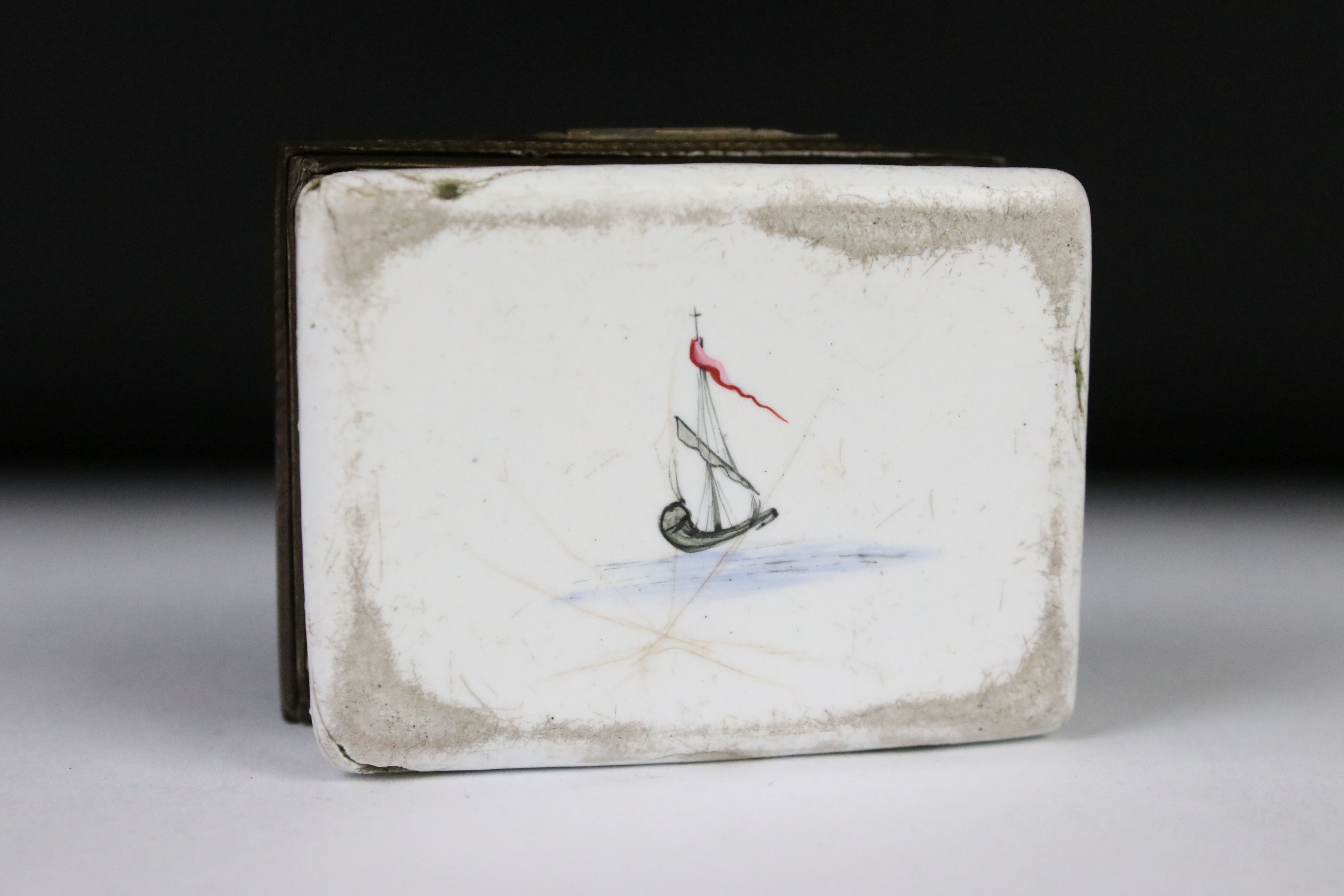 An antique enamel trinket box with floral decoration an decoratively inlaid wooden lid, initialed - Image 5 of 5