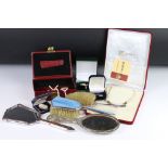 A box of mixed collectables to include hallmarked silver and silver plated brush and hand mirrors to