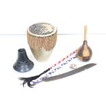A group of African tribal collectables to include a drum, marriage stick, fly whisk and musical