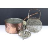 A group of mixed collectables to include a large copper preserve pan and a mirrored candlestick.